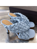 Bottega Veneta Lambskin Woven Heel Slide Sandals 90mm Light Blue 2020