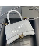Balenciaga Hourglass Small Top Handle Bag in Shiny Crocodile Leather White 2021