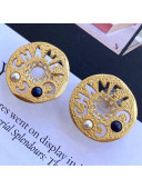 Chanel Round Metal Cutout Lettering Stud Earrings AB1602 Gold/Blue 2019