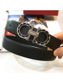 Ferragamo Double Reversible Calfskin Leather 2.5cm Belt with Metal Crystal Buckle Blackv2019 