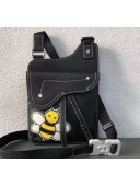 Dior Man's Black Calfskin Saddle Messenger Bag with Yellow Bee 2019