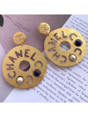 Chanel Round Metal Cutout Lettering Short Earrings AB1602 Gold/Blue 2019