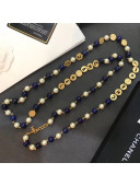 Chanel Round Metal and Pearl Sweater Long Necklace Gold/Blue/White 2019