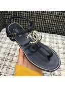 Chanel Lambskin Flat Thong Sandals with Chain CC Dark Blue 2021