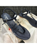 Chanel Lambskin Flat Thong Sandals with Metal CC Dark Blue 2021