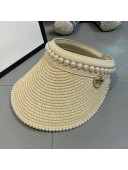 Chanel Straw Visor Hat with Pearl Beads Beige 2021