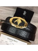 Stefano Ricci Crocodile Embossed Calfskin Belt with Logo Buckle 3.5cm Black/Gold 2021