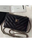 Chanel Lambskin Chevron Trendy CC Wallet with Chain Black 2018