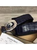 Stefano Ricci Crocodile-Like Calfskin Belt 3.8cm with Eagle Buckle Navy Blue/Silver 2021