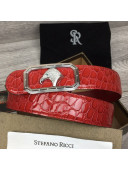 Stefano Ricci Crocodile-Like Calfskin Belt 3.5cm with Frame Eagle Buckle Red/Silver 2021