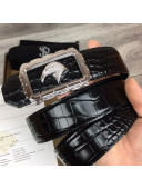 Stefano Ricci Shiny Crocodile Embossed Calfskin Belt 3.8cm with Eagle Buckle Black/Silver 2021