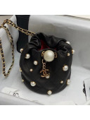 Chanel Quilted Lambskin Small Drawstring Bucket Bag with Pearl Charm Black/White 2020