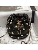 Chanel Quilted Lambskin Large Drawstring Bucket Bag with Pearl Charm Black/White 2020