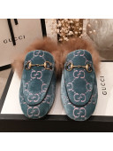 Gucci GG Velvet Fur Flat Slippers Blue 2019