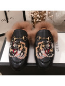 Gucci Princetown Tiger Embroidered Leather Fur Slippers Black 2019