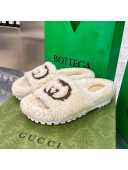 Gucci Shearling Slide Sandals with Interlocking G Embroidery White 2020