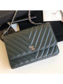 Chanel Chevron Lambskin Wallet on Chain WOC Bag Green(Silver-tone Metal)
