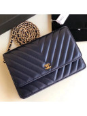 Chanel Chevron Lambskin Wallet on Chain WOC Bag Blue(Gold-tone Metal)