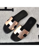 Hermes Oran H Flat Slipper Sandals in Smooth Metallic Calfskin Pink Gold/Black 2021(Handmade)