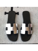 Hermes Oran H Flat Slipper Sandals in Smooth Metallic Calfskin Silver/Black 2021(Handmade)