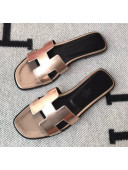 Hermes Oran H Flat Slipper Sandals in Smooth Metallic Calfskin Pink gold/Black 02 2021(Handmade)