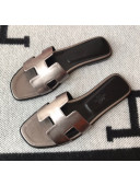 Hermes Oran H Flat Slipper Sandals in Smooth Metallic Calfskin Silver-Grey 2021