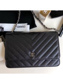 Chanel Chevron Grained Calfskin Wallet on Chain WOC Bag Black (Silver-tone Metal)