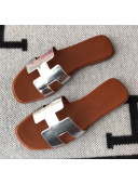 Hermes Oran H Flat Slipper Sandals in Smooth Metallic Calfskin Silver/Brown 01 2021(Handmade) 