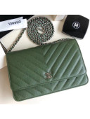 Chanel Chevron Grained Calfskin Wallet on Chain WOC Bag Green (Silver-tone Metal)