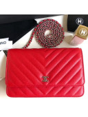 Chanel Chevron Grained Calfskin Wallet on Chain WOC Bag Red (Silver-tone Metal)