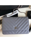 Chanel Chevron Grained Calfskin Wallet on Chain WOC Bag Light Grey(Silver-tone Metal)