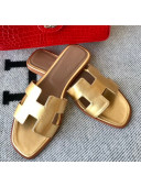 Hermes Oran H Flat Slipper Sandals in Smooth Metallic Calfskin Yellow Gold 2021(Handmade) 