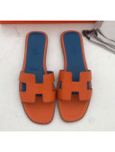 Hermes Oran H Flat Slipper Sandals in Epsom Grainy Calfskin Orange/Blue 2021(Handmade)