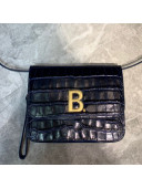 Balenciaga B. Small Crossbody Bag in Crocodile Embossed Leather 92951 Navy Blue 2021