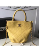 Chanel Quilted Calfskin Pleated Bucket Shopping Bag Yellow 2019