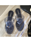 Chanel Transparent Flat Thong Sandals with Camellia Navy Blue 2021