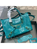 Balenciaga Classic City Small Bag in Shiny Crocodile Embossed Leather Turquoise Blue 2021