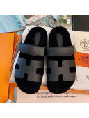 Hermes Chypre Wool and Nappa Leather Flat Sandals Black 2021