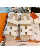 Hermes Chypre Wool and Suede Flat Sandals White 2021