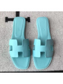 Hermes Oran H Flat Slipper Sandals in Smooth Calfskin Macaroni Blue 2021(Handmade)