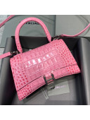 Balenciaga Hourglass Small Top Handle Bag in Shiny Crocodile Leather Light Pink 2021