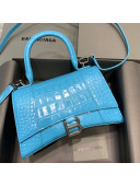 Balenciaga Hourglass Small Top Handle Bag in Shiny Crocodile Leather Azur Blue 2021