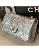 Chanel Metallic Crocodile Embossed Calfskin Medium Classic Flap Bag A01112 Silver 2019