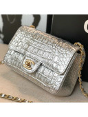 Chanel Metallic Crocodile Embossed Calfskin Small Classic Flap Bag A01113 Silver 2019