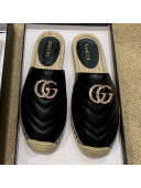 Gucci Chevron Lambskin Espadrille Slipper Mules with Double Crystal G Black 2019
