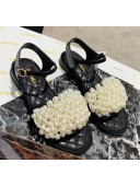 Chanel Calfskin & Pearls Flat Sandals With Strap Black 2020
