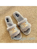 Chanel Wool Leather Flat Slide Sandals 02 Gray 2020