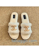 Chanel Wool Leather Flat Slide Sandals 04 White 2020