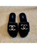 Chanel Wool Metal CC Flat Slide Sandals 05 Blue 2020