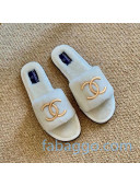 Chanel Wool Metal CC Flat Slide Sandals 07 White 2020